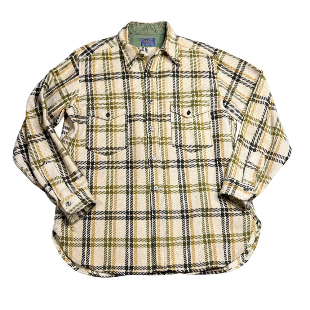 Vintage Pendleton 100% Virgin Wool Flannel Shirt Men's XL Plaid Green Cream READ